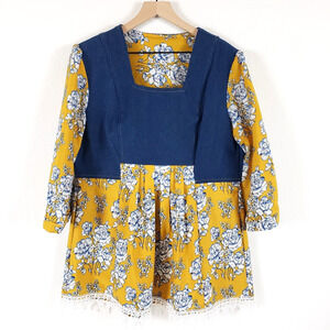Handmade Peasant Blouse SIZE XL? Boho Top Tunic Floral Denim Colorblock Prairie